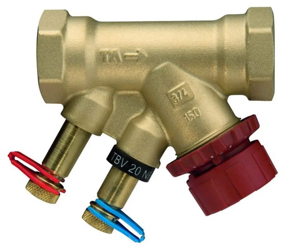 Kompaktregulierventil aus Messing mit zwei Anschlussgewinden und roter sowie blauer Sicherungsabdeckung. Hersteller IMI Hydronic Engineering.